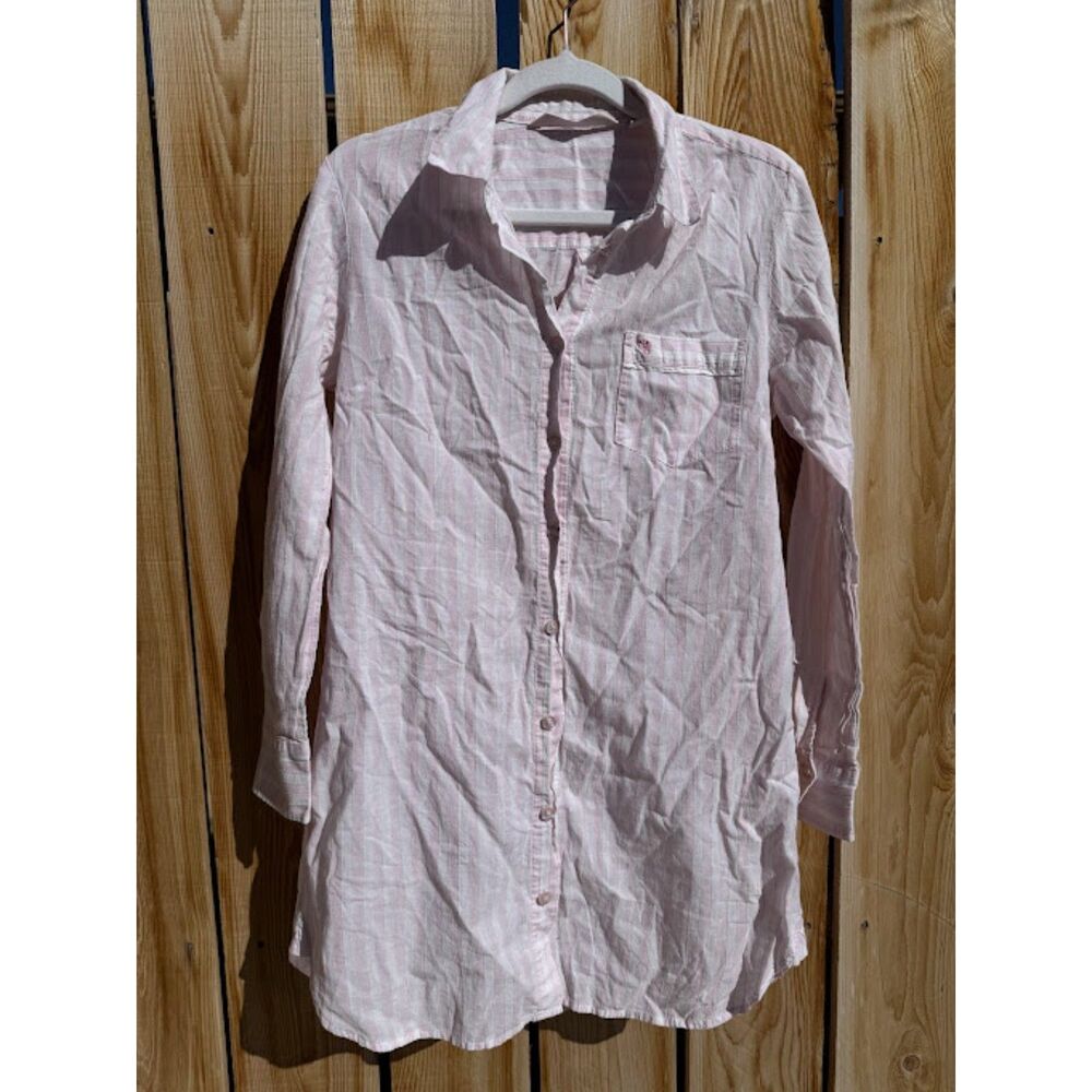 Victoria's Secret Cotton Pink Striped Long Sleeve Button Up Nightgown Shirt XS
